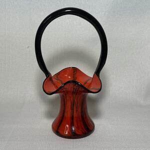 Vintage Czech Tango Art Glass Basket Vase Orange Black